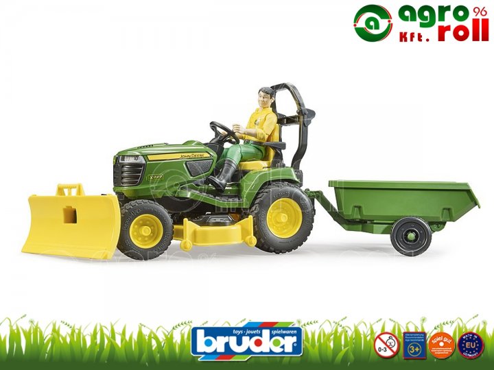 John Deere fűnyírő traktor, pótkocsival és kertésszel BRUDER